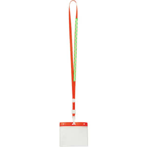 An orange lanyard with a green braided section, attached to a clear ID badge holder.