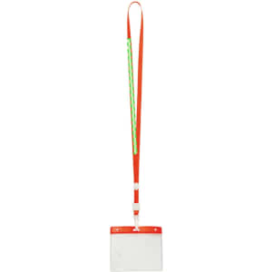 An orange ID badge lanyard with a green braided section, featuring a clear badge holder at the bottom.