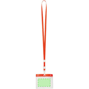 An orange lanyard with a clear ID badge holder attached, featuring a blank space for an insert.