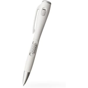 A white pen torch featuring a textured grip and a clip. It has a silver accent on the tip.