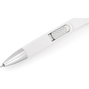 A white pen with a metallic silver tip and textured grip, featuring a branding logo.