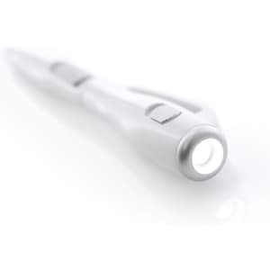 A white pen torch with a sleek design, featuring a small light at the end and a logo on the body.