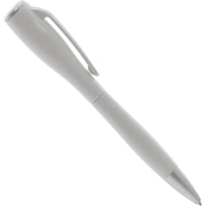 A grey pen with a sleek design and a clip, featuring a torch light at the end. It has a logo on the body.