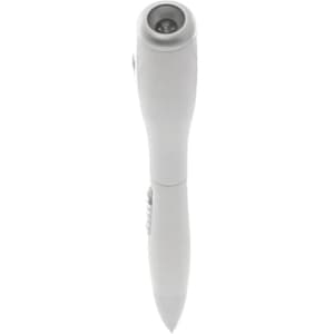 A white pen torch featuring a built-in light at the tip and a slim, sleek design.