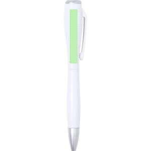 A white pen with a green accent, featuring a silver clip and tip, and a branding logo on the side.