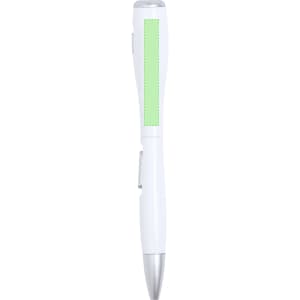 A white pen torch with a green accent and a silver tip. The pen includes a branding logo.