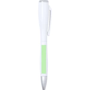 A white pen torch with a silver tip and a green grip section, featuring a branding logo.
