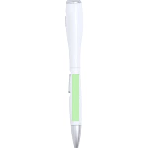 A white pen torch with a green accent and a silver tip, featuring a logo.