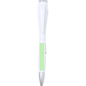 A white pen torch with a green accent and a shiny silver tip, featuring a logo on the barrel.