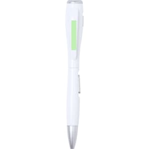 A white pen torch with a green accent and a silver tip. The pen features a logo on its surface.