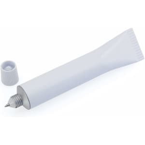 A white pen with a tapered body and a removable cap, featuring a silver nib and ridged detailing.