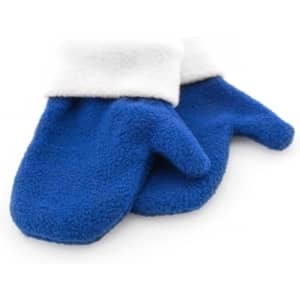 Fleece mittens in royal blue with a white cuff, featuring a logo on one side.