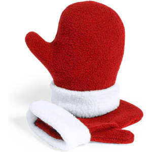 A red, fluffy mitten with a white cuff, featuring a rounded design. The product includes one mitten and is branded.