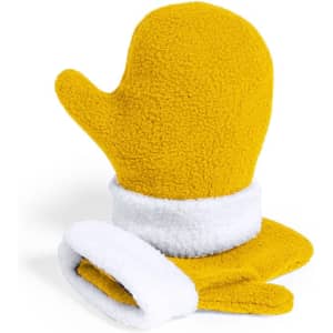 A pair of fluffy yellow mittens with a white cuff, featuring a playful design. The mittens have a soft texture.