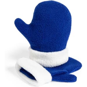 A pair of blue mittens with white fleece cuffs, featuring a soft textured material. A branding logo is visible.