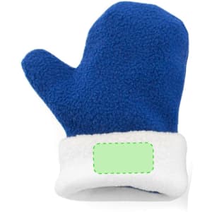 A blue mitten with a white fleece cuff and an area for branding or personalisation.