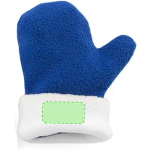 A blue mitten with a white cuff, featuring a space for branding or personalisation.