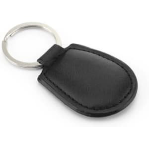 A black leather keyring with a metal loop for attaching keys. It has a smooth, rounded shape.