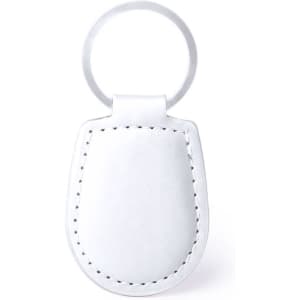 A white leather keyring with a stitched design and a circular metal ring.