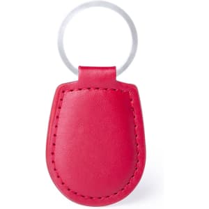 A bright pink keyring with a smooth leather finish and a metal ring for attachment.