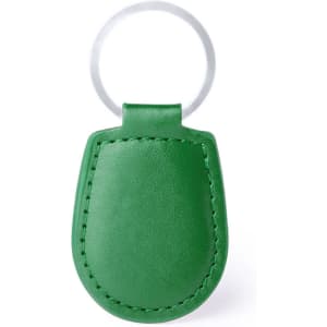 A green keyring with a textured, stitched finish and a metal ring attachment.