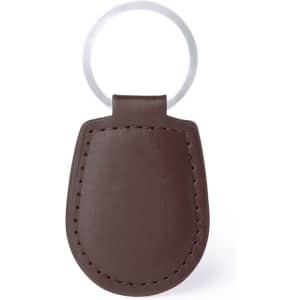 A brown leather keyring with a silver metal ring, featuring stitching details.