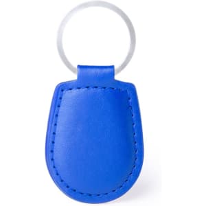 A blue leather keyring with a silver metal ring attached. It features stitched detailing and a smooth finish.