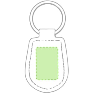 A green keyring with a circular metal ring and a smooth shape. It features a blank area for branding or design.