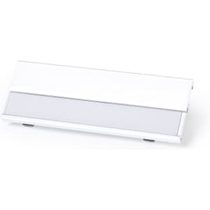A white ID badge holder with a clear front, featuring a logo on the top.