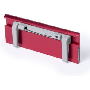 A red Bindel ID badge holder with grey clips, designed for exhibitions and events. It includes a branding logo.