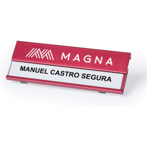 A red name badge with a sleek design featuring a logo and a white area for a name display.
