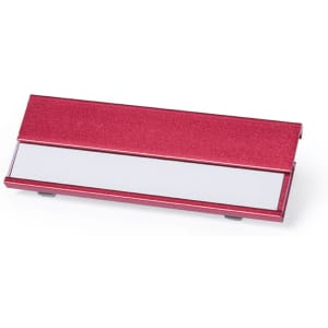 A red Bindel ID badge holder with a sleek design and a blank space for name display.