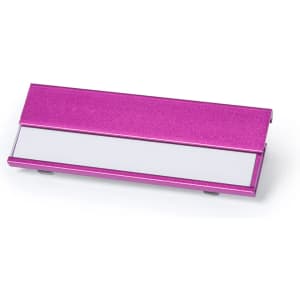 A pink metal name badge holder with a sliding cover and a blank white insert for personalisation.