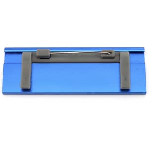 A blue name badge holder with a pin attachment on the back and a grey backing.