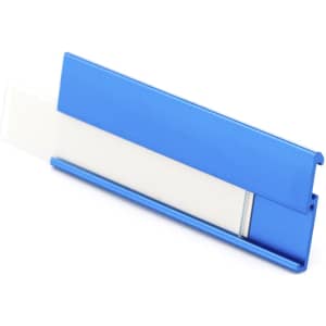 A blue Bindel ID badge holder with a clear insert for displaying name cards. It features a sleek, metallic design.