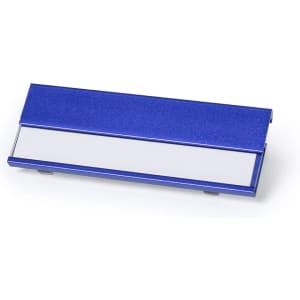A blue bindel ID badge holder with a flat surface for inserting a name tag. It has a sleek, metallic finish.