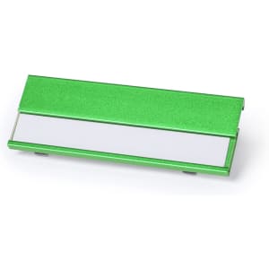 A green metal ID badge holder with a sleek design and a white insert for customisation.