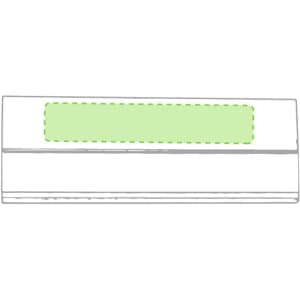 A rectangular name badge in white, featuring a green area for personalisation, with a logo visible.