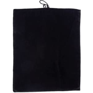 A black tablet case featuring a soft exterior and a drawstring closure. Includes a branding logo.