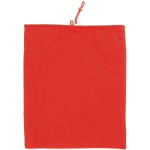 A red tablet case with a drawstring closure, featuring a simple design and a logo.