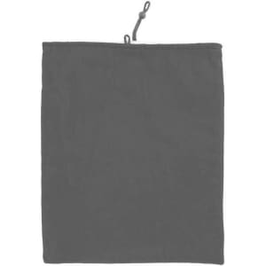 A grey tablet case featuring a drawstring closure and a smooth fabric finish. The case has a simple design and includes a logo.