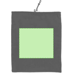 A grey tablet case with a green panel, featuring a drawstring closure and a logo.