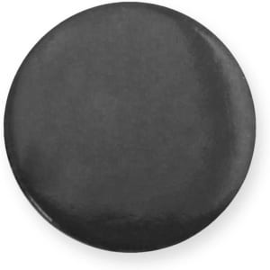 A round black lapel pin with a glossy finish and a branded logo on the surface.