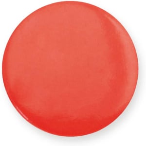 A round lapel pin in bright red, featuring a smooth, glossy finish and a central logo.
