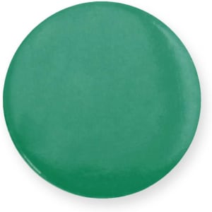 A green lapel pin with a glossy finish, featuring a simple round shape and a logo.