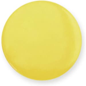 A yellow lapel pin with a glossy finish, showcasing a smooth circular design. It includes a branding logo.