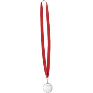 A silver medal with a round shape, suspended from a red ribbon.