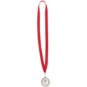 A silver medal with a red ribbon, featuring a circular design and an attached loop for hanging.