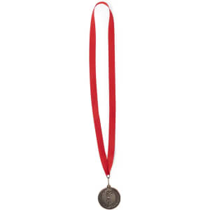 A bronze medal with a red ribbon, featuring a circular shape and an embossed design.