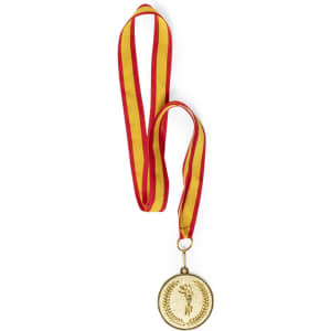 A gold medal with a laurel design, hanging from a red and yellow striped ribbon.